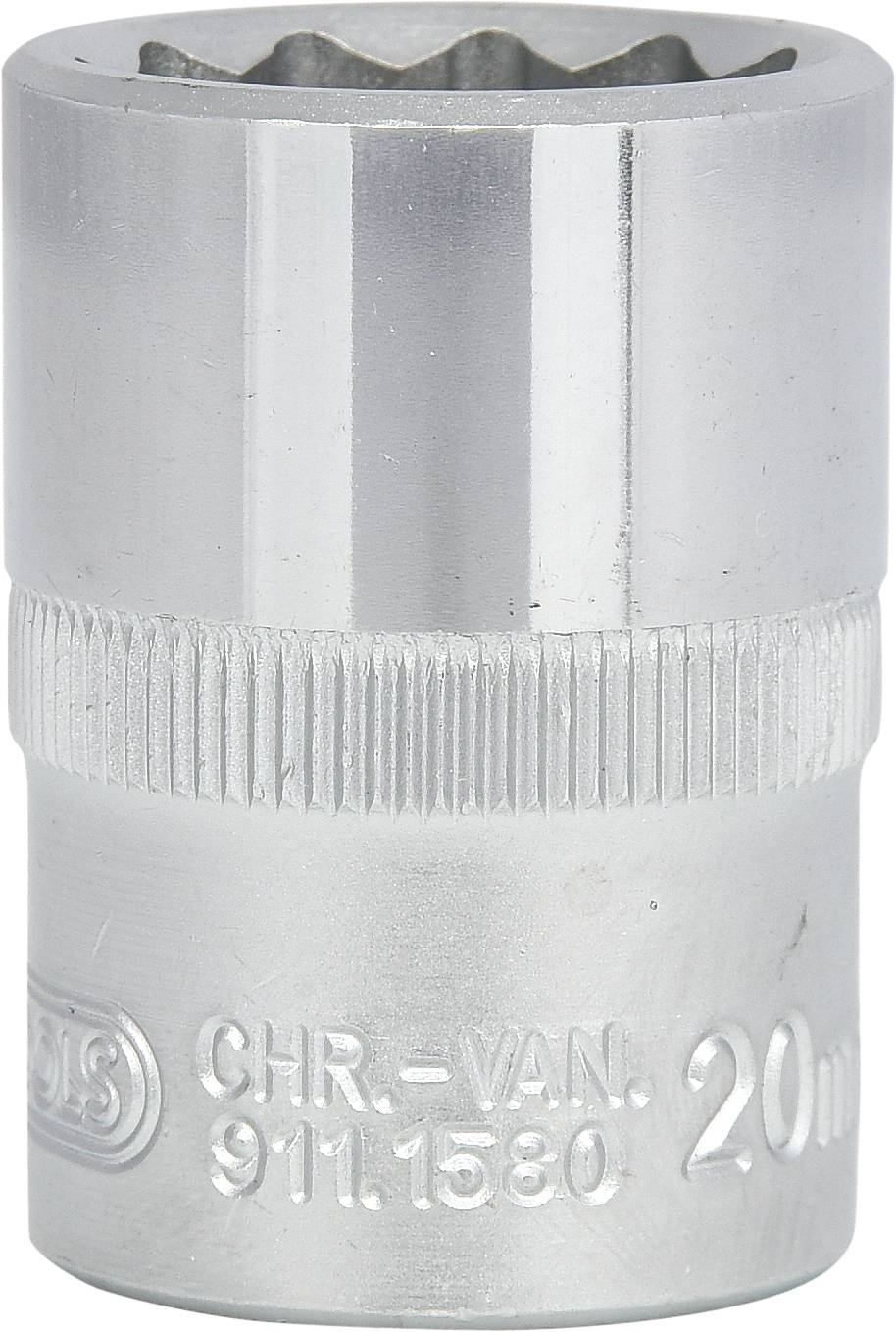 Metal socket nut, 20 mm, cylindrical shape, silver-coloured, knurled surface for better grip, suitable for hand tools.