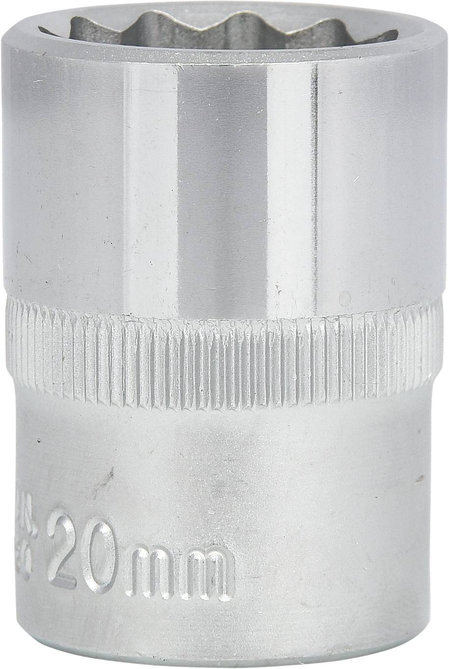 Metal socket attachment with a size of 20 mm, used for screw work; smooth with a knurled section for better grip.