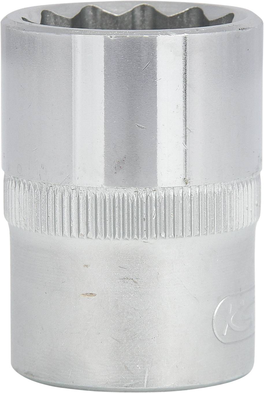 Metallic socket for socket wrench, cylindrical, with a knurled rim and twelve-sided internal profile, used for screw-related work.