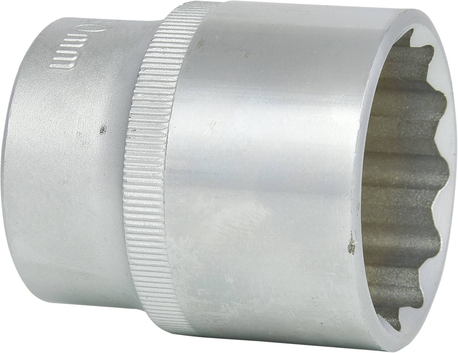 A chrome-plated socket drive with a knurled handle and internal teeth, suitable for mechanical work.