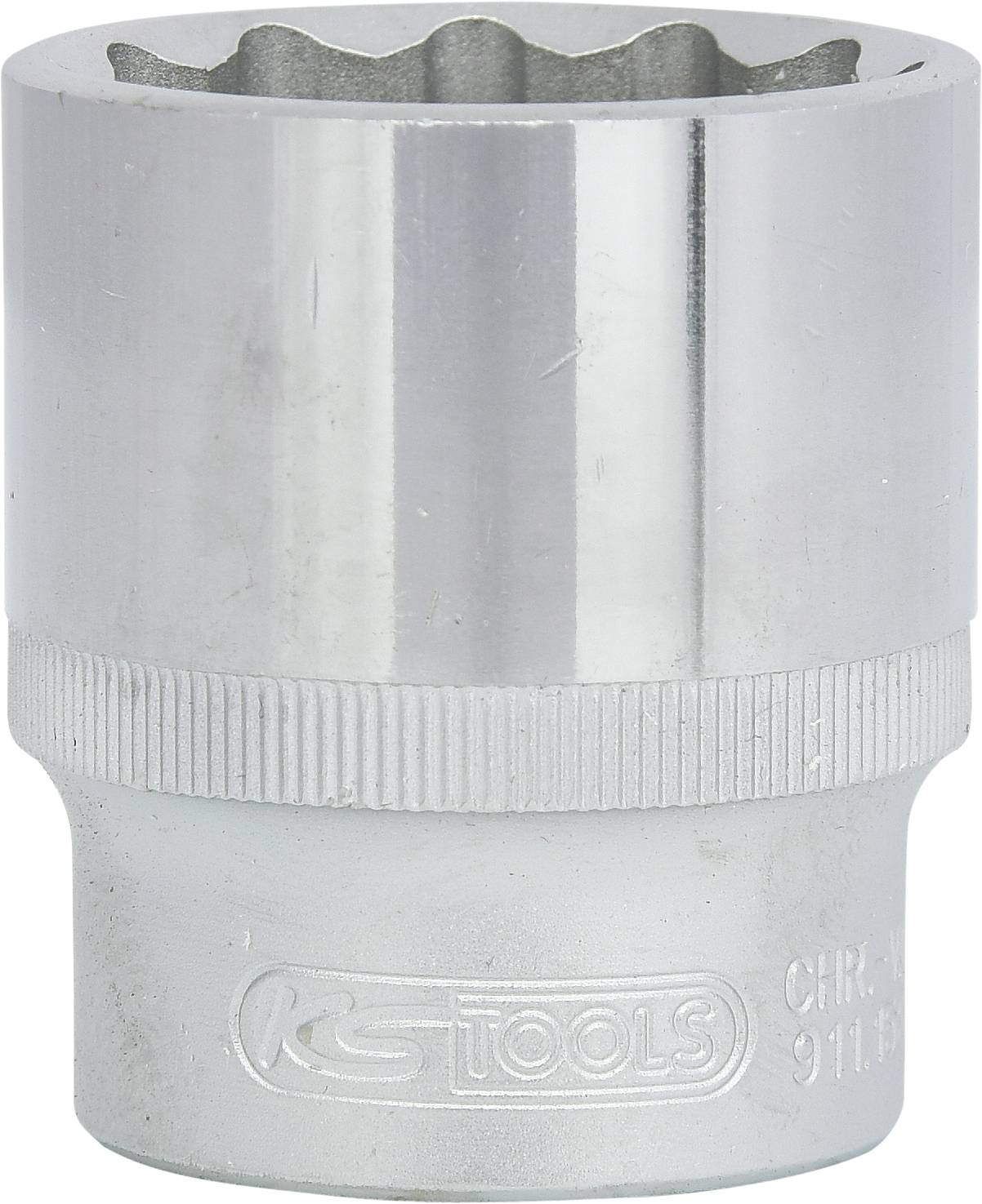 Silver socket, cylindrical, with knurled grip section. Marking 'KS TOOLS' and 'CHR.VA 911.0' on lower area.