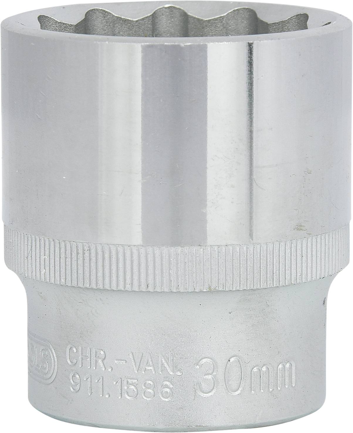 Chrome-Vanadium socket spanner with knurled handle. Inscription: 'CHR.-VAN. 911.1586 30 mm'. Silver-coloured, polished surface.