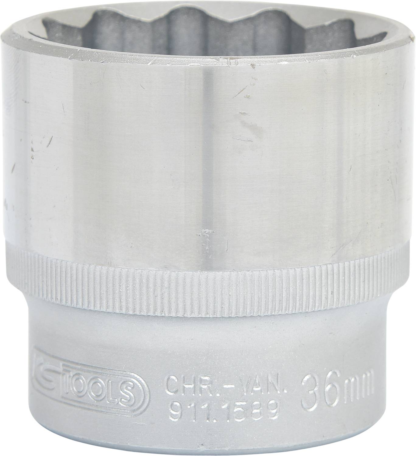 A silver stud nut with the engraving '36 mm' and 'CHR-VAN', presumably made of metal, for use with a stud key.