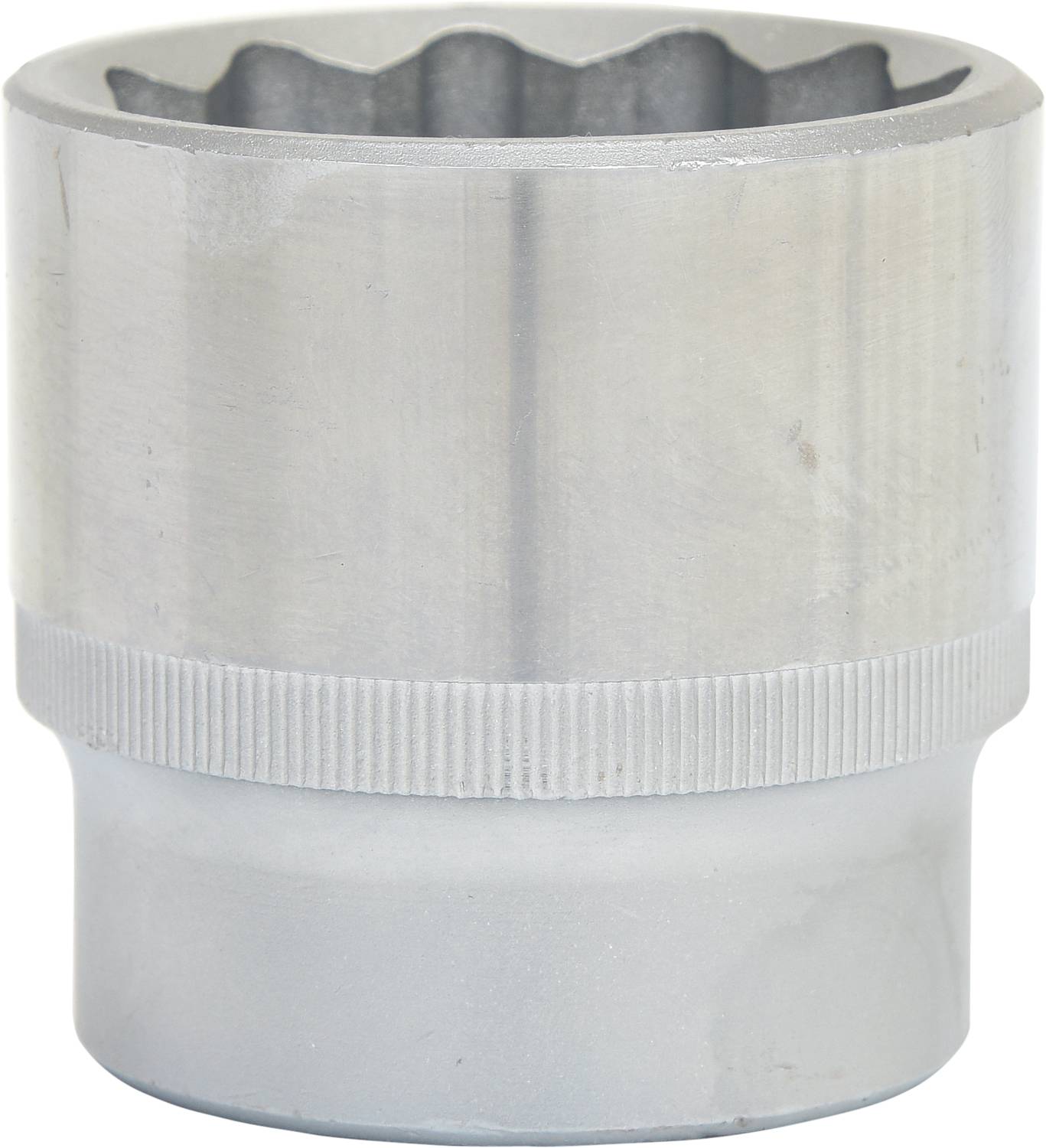 A silver spanner head, cylindrical with a ridged handle. Used for tightening screws or nuts.