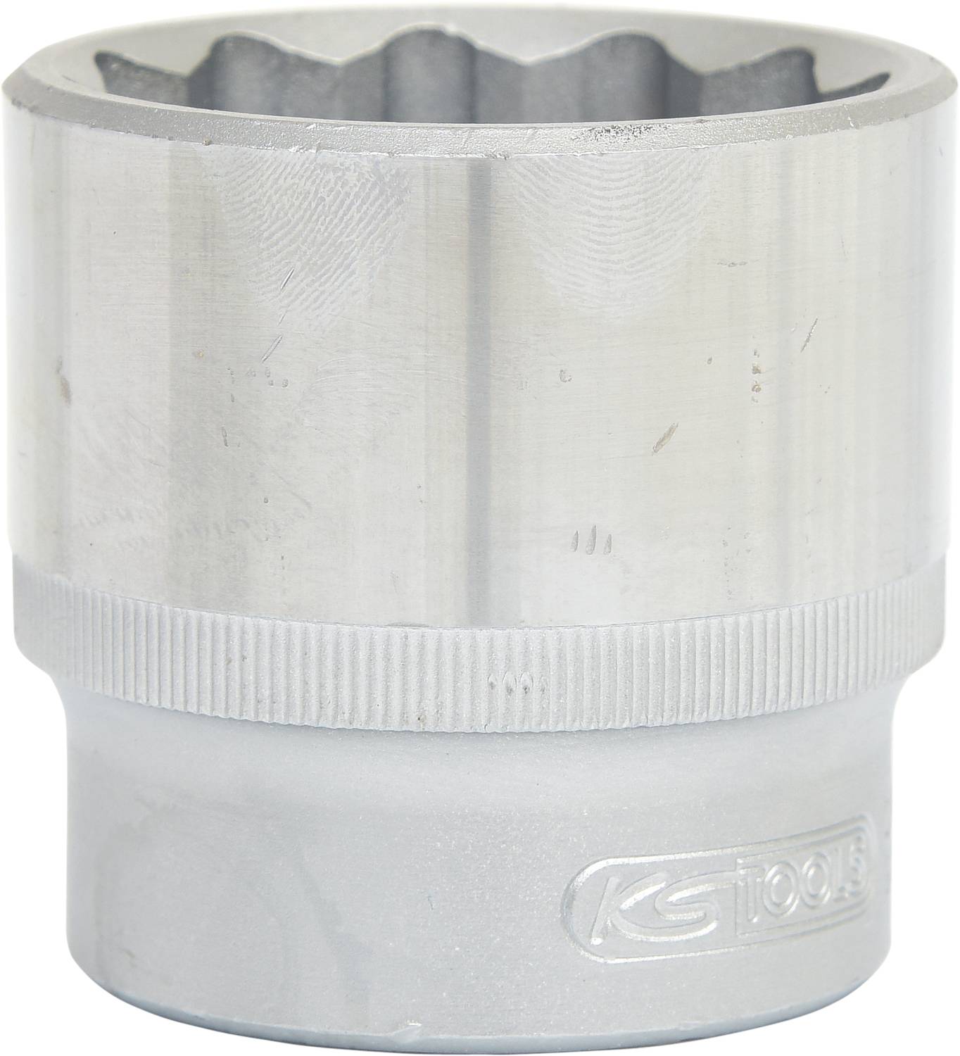 'A silver hexagonal nut with a fluted edge and an internal profile for screws, from the KS Tools brand.'