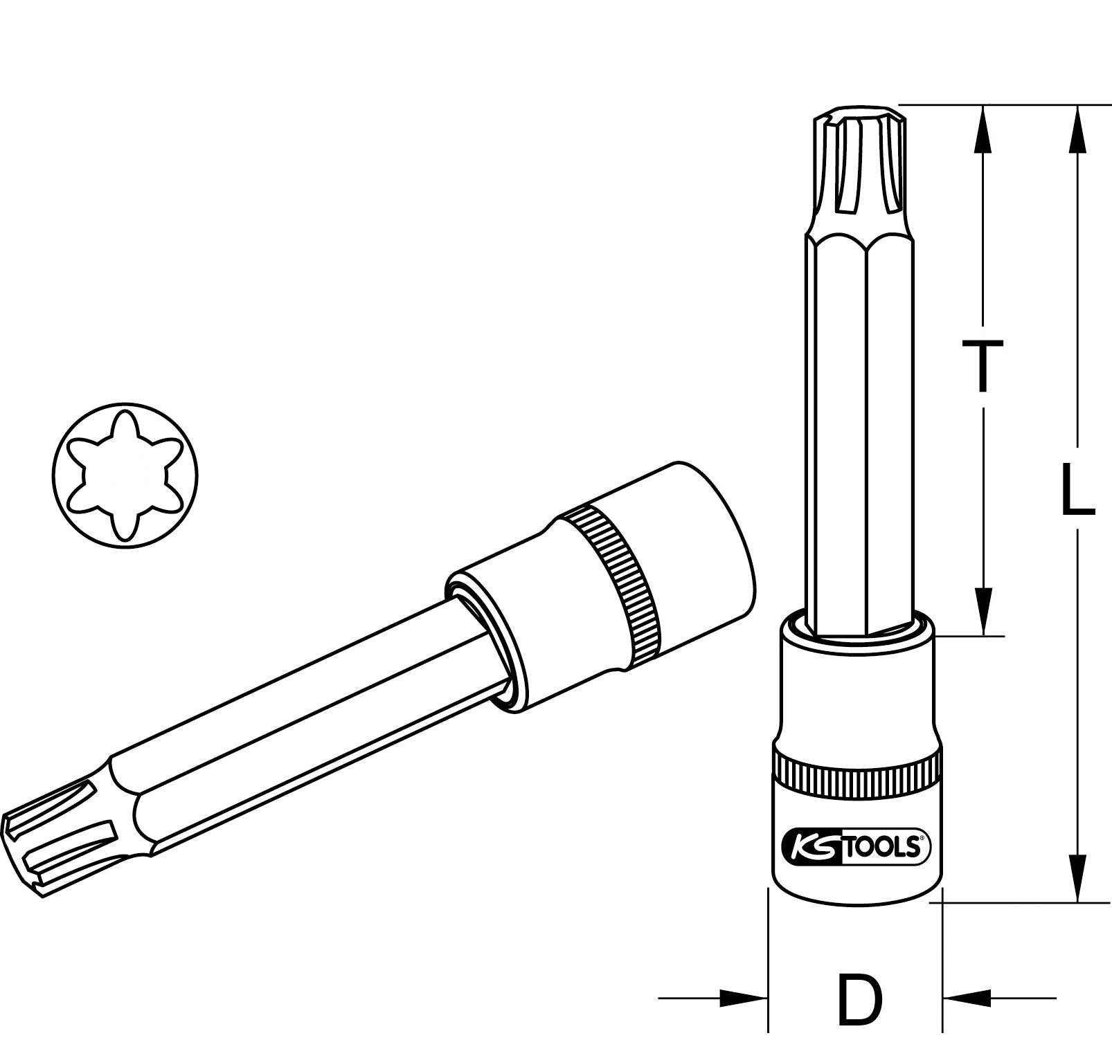 Drawing of an XZN profile with dimensions. The drawing shows the side and top view of a tool with indications of length (L), total length (T), and diameter (D).