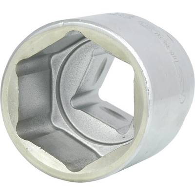 A silver socket extension with a hexagonal opening for securing screw nuts. Primarily used for tools.