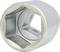 A silver socket extension with a hexagonal opening for securing screw nuts. Primarily used for tools.