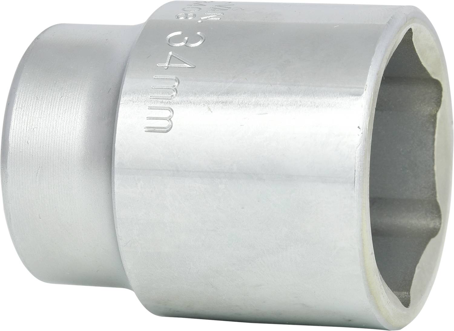 Silver-coloured socket nut with an embossed marking of '34 mm' on the surface. Suitable for tools and mechanical applications.