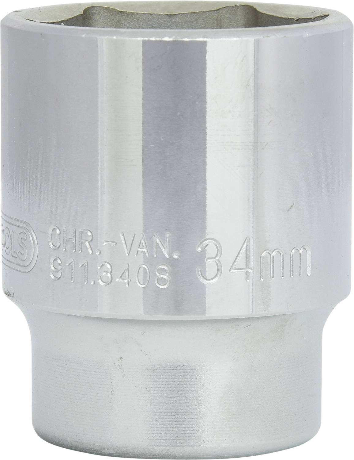 Hexagon nut with '34 mm' inscription, shiny metal, cylindrical in shape, suitable for mechanical work or repairs.