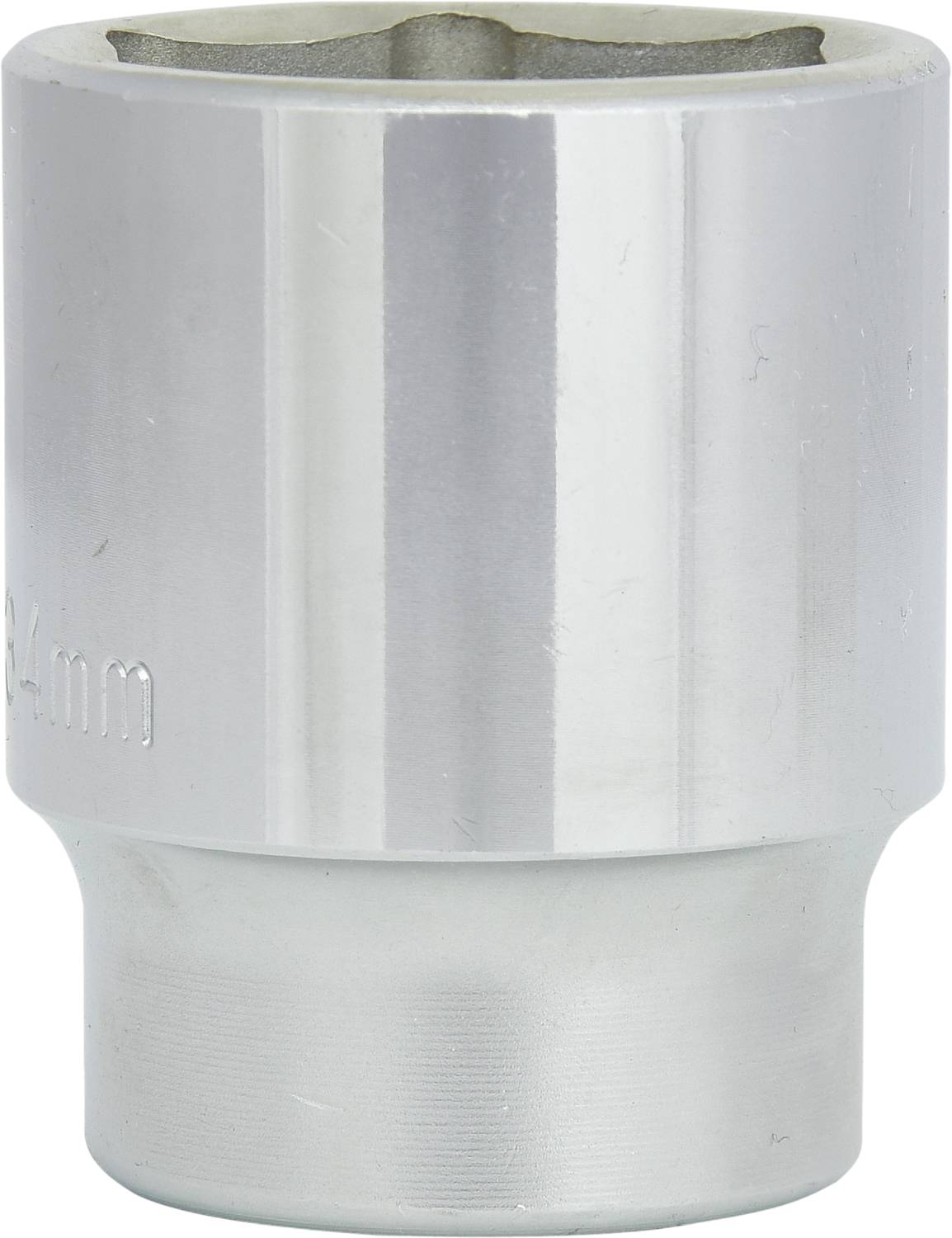 Silver metal hexagonal socket used for securing hexagonal nuts or bolts, side view.