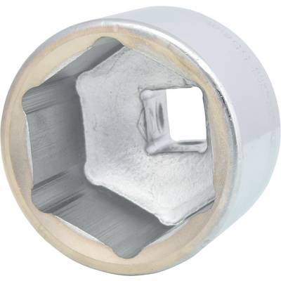 A silver hexagonal socket made of metal, for use with socket wrenches, lies sideways.