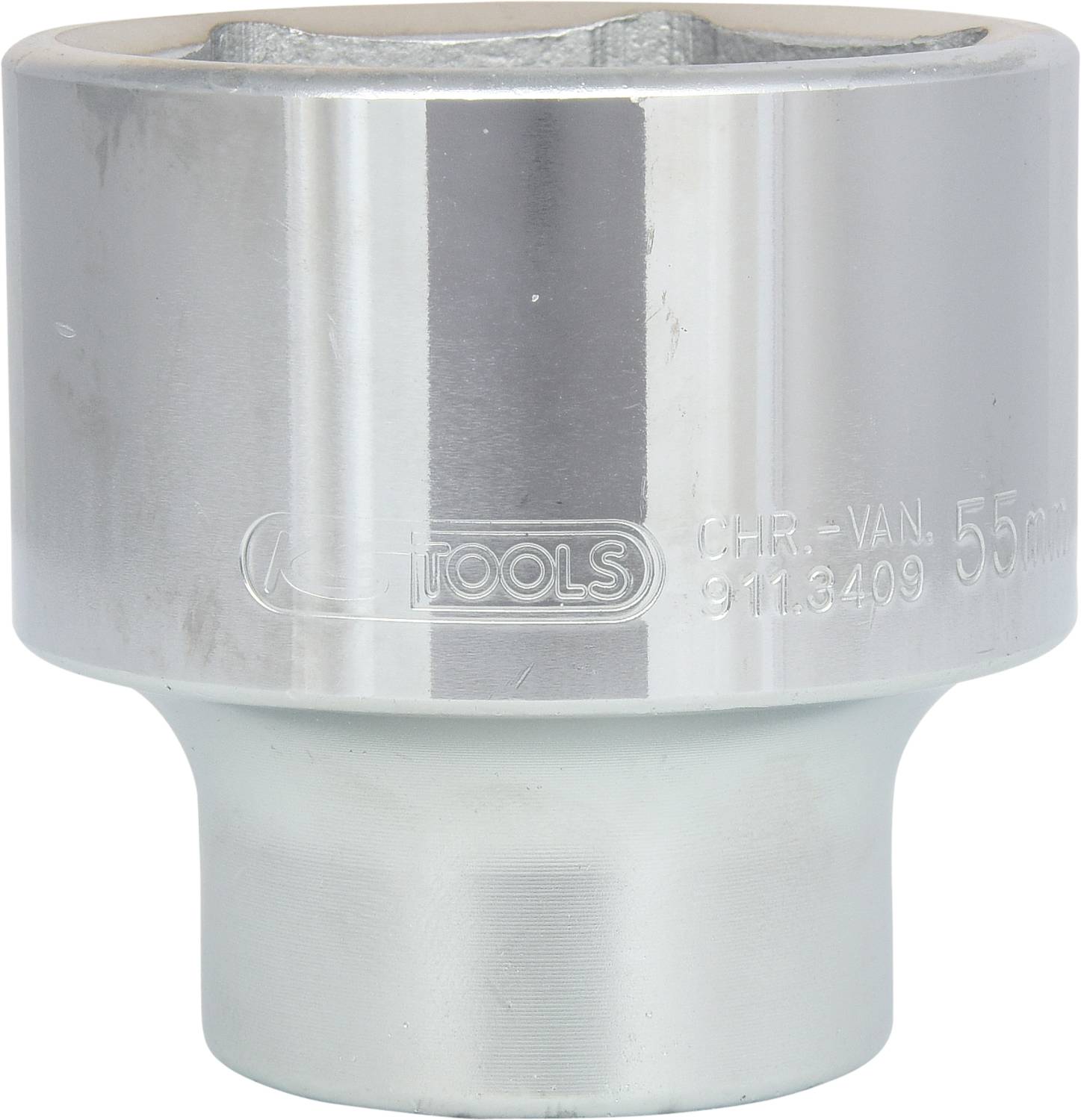 A silver socket with engraved markings and numbers, suitable for screw connections when doing DIY or in a workshop.