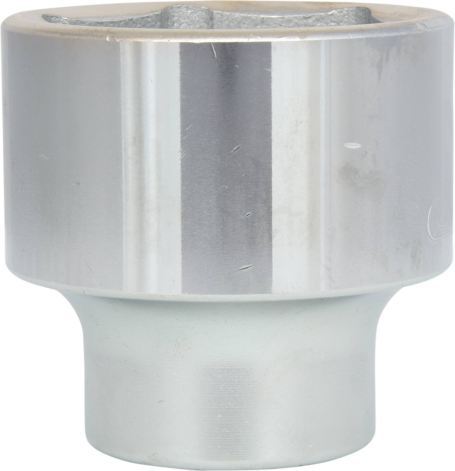 A silver socket extension made of gleaming metal, in a cylindrical shape, with no additional details visible.