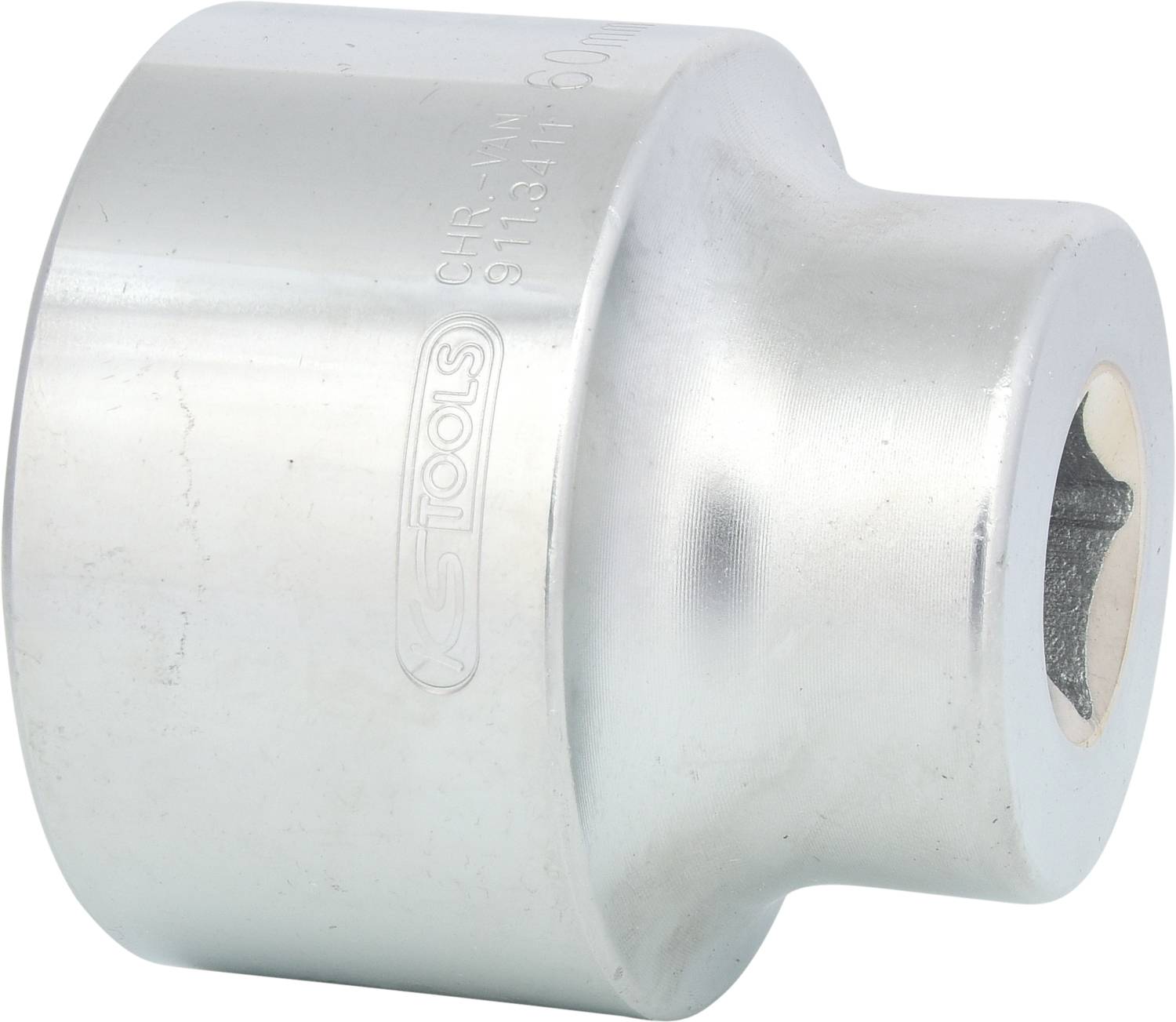 Metal socket with hexagonal opening and marking '30 mm', used for screws and nuts.