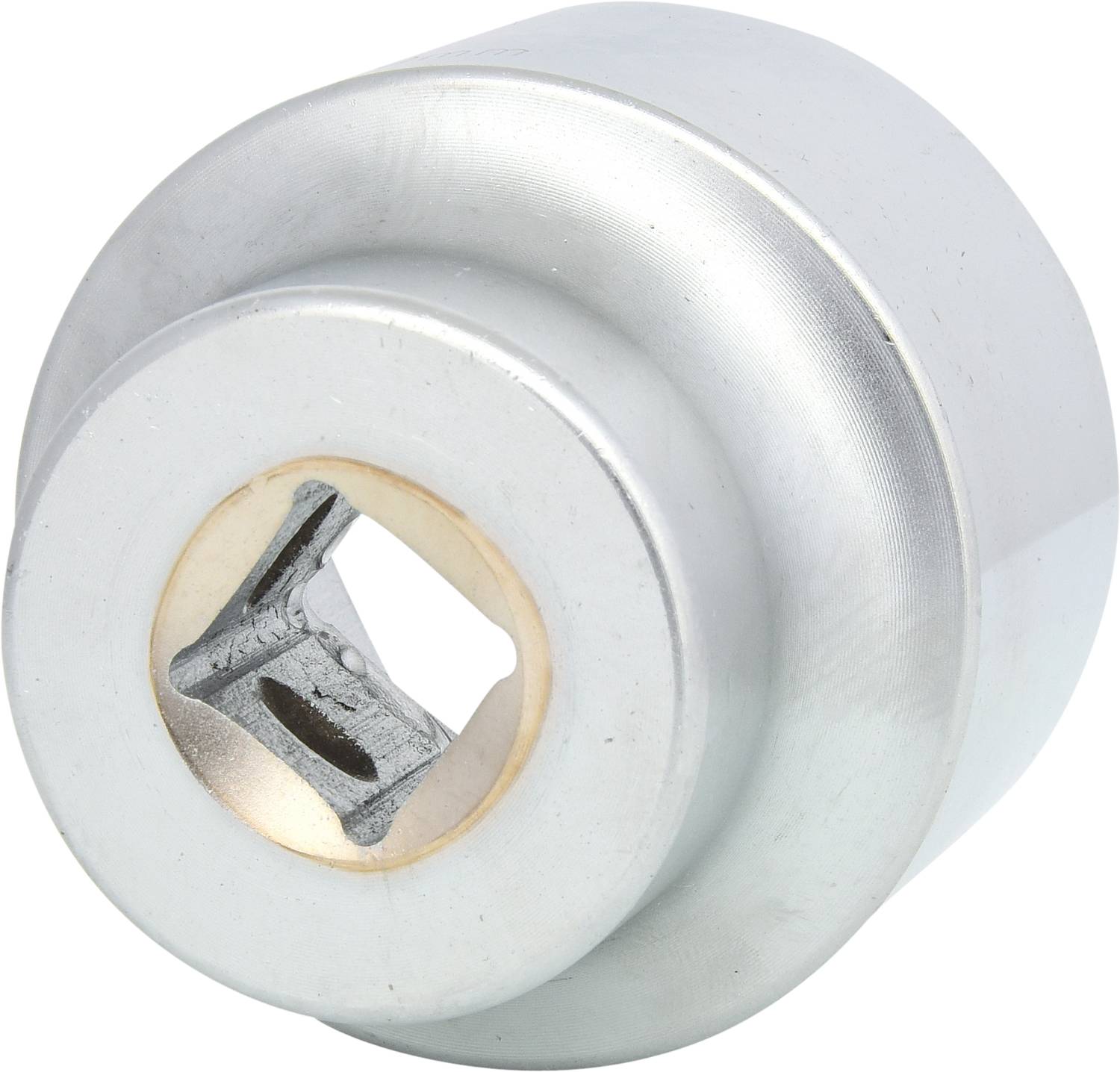 Silver-coloured socket adapter with a square internal profile, used for receiving square drive attachments in mechanical applications.
