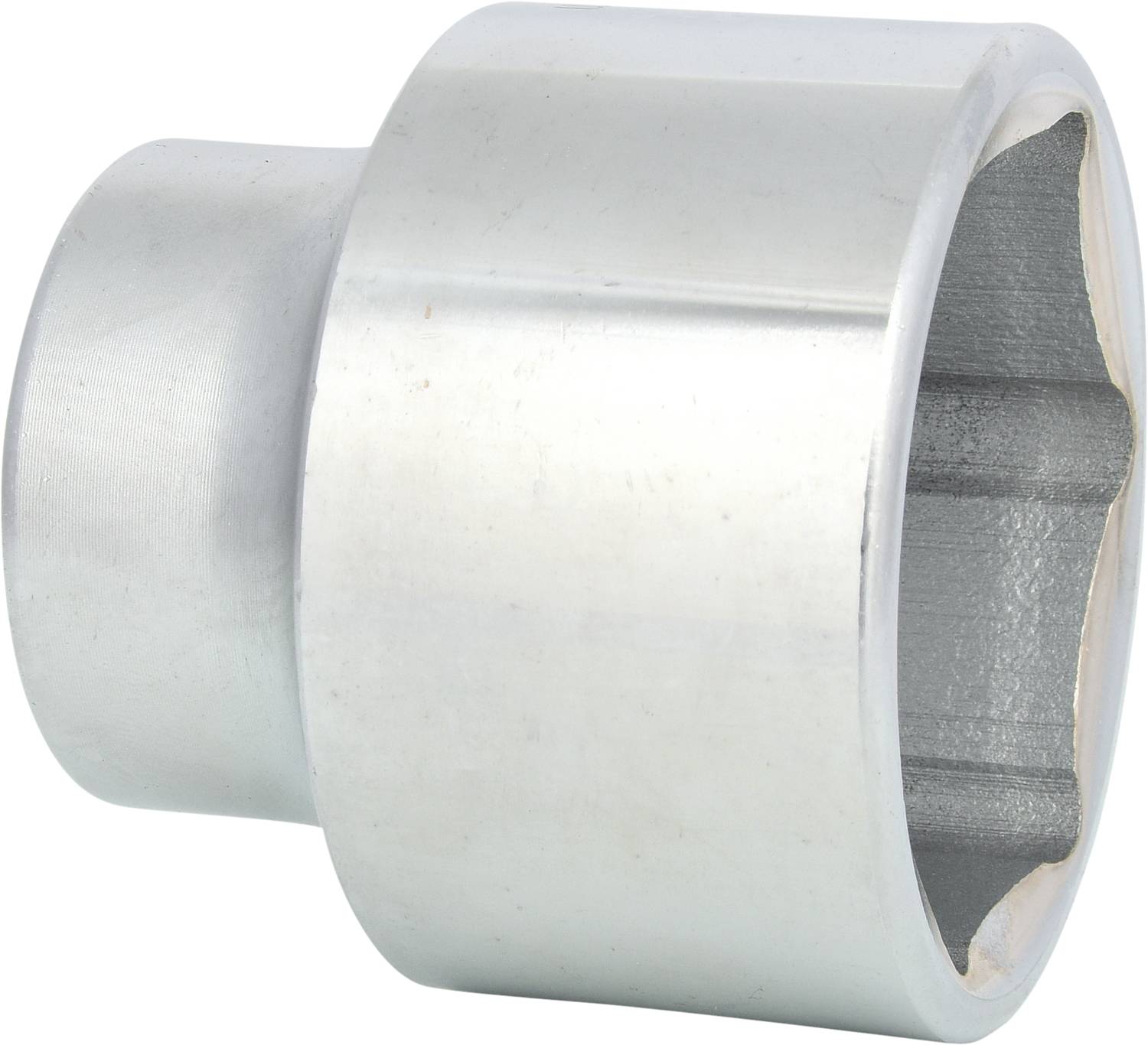 A silver metal adapter with a cylindrical body and hexagonal internal profile, likely suitable for screw connections.