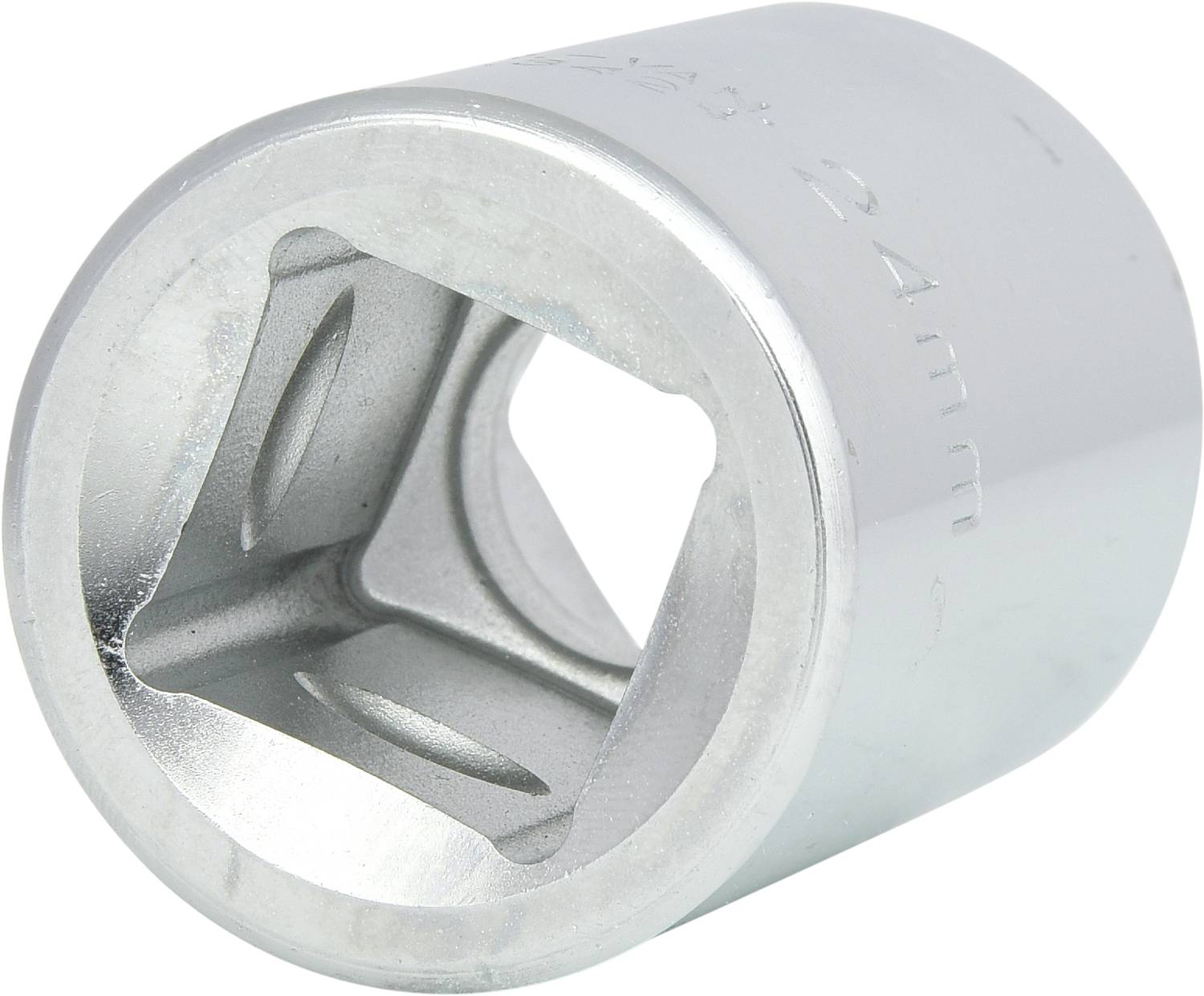 Silver metallic socket, square opening, suitable for 24 mm nuts and bolts, typical tool interface.