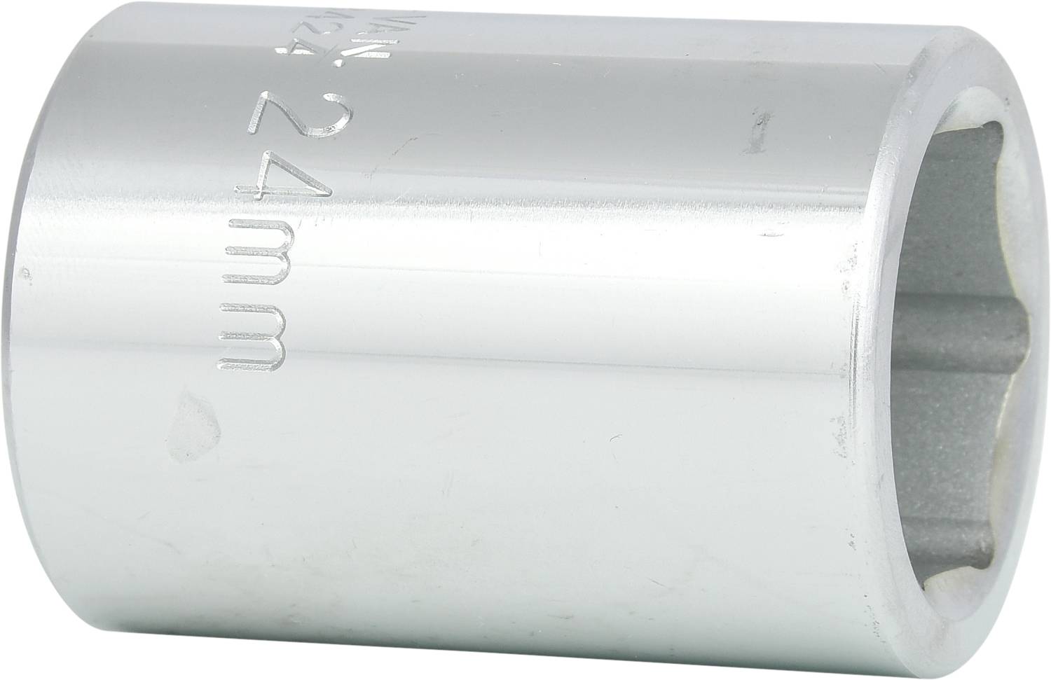 Metal socket insert, shiny, with '24 mm' engraved on the side. Used for work with matching screws or nuts.