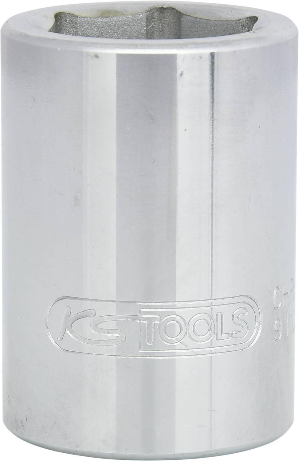 Metal cylinder socket spanner, silver in colour, with embossed 'KS TOOLS' logo on the side. Used for loosening screws.