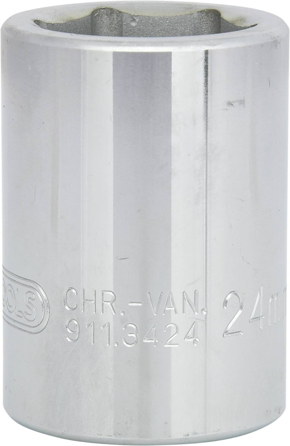 Metallic socket wrench with 24 mm engraving and stamping 'CHR-VAN 911.3424', made from chrome vanadium steel.