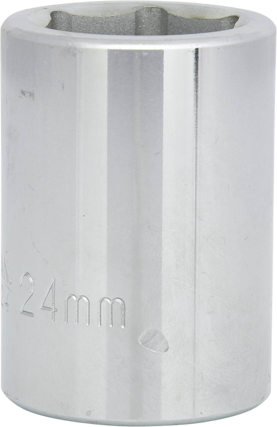 A silver spanner with the marking '24mm'. Suitable for loosening nuts or bolts with a 24mm diameter.