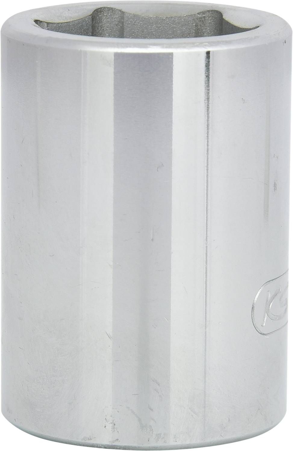 A shiny, cylindrical metal socket spanner with a hexagonal opening at the top.