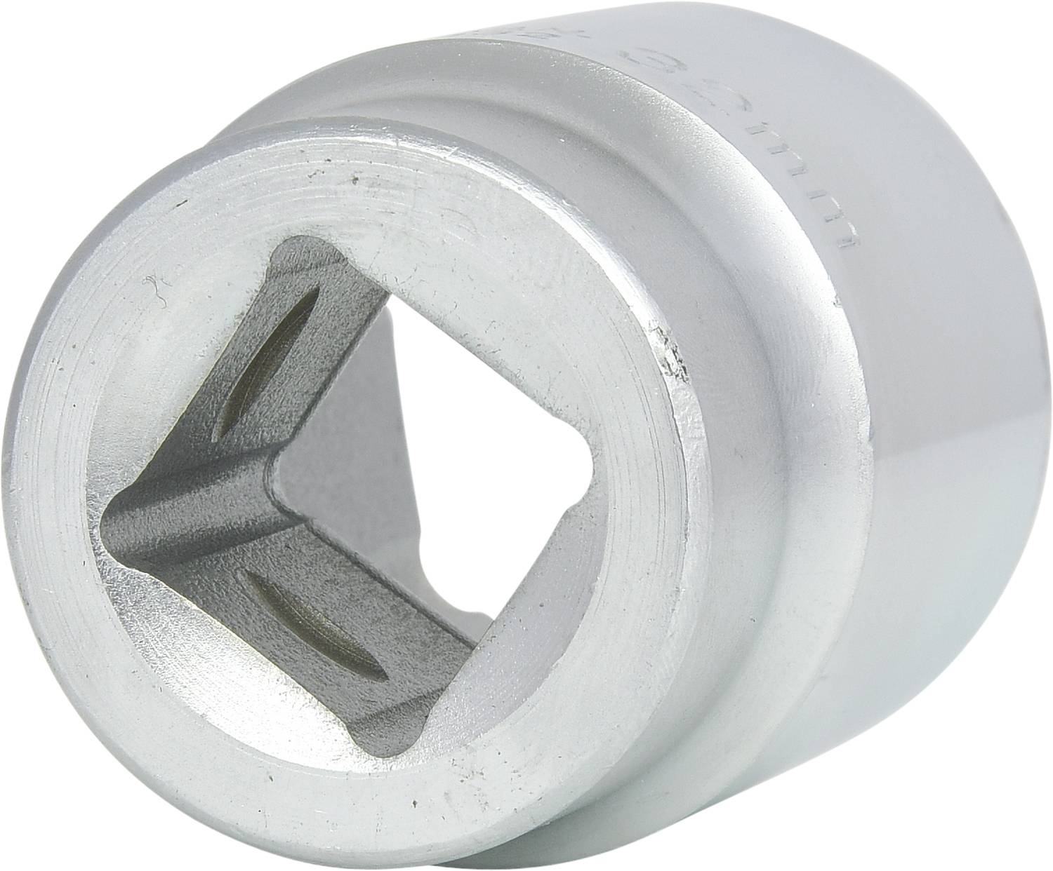 Metal screw head with square internal drive and rounded external edges, predominantly silver in colour.