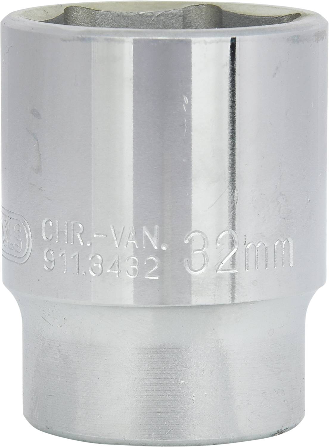 A silver socket wrench nut with the inscription 'CHR-VAN 32mm 911.8432'. Used for mechanical work.