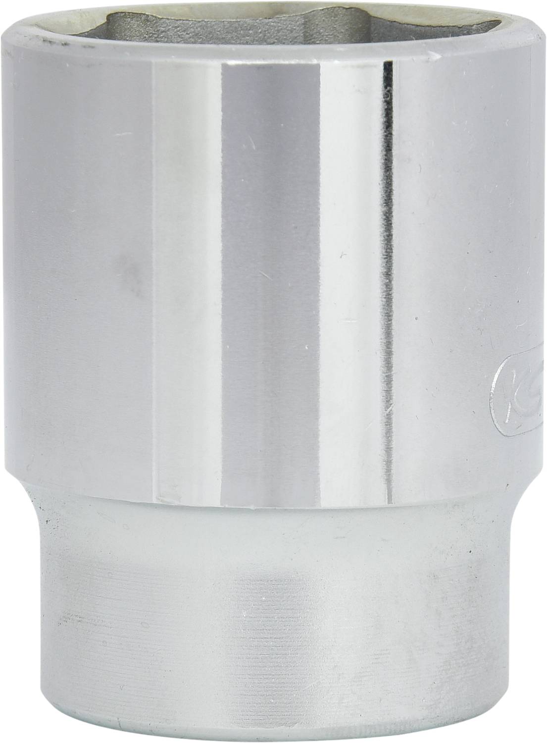 Metallic socket, cylindrically shaped, suitable for spanners or ratchet attachment. Polished surface.