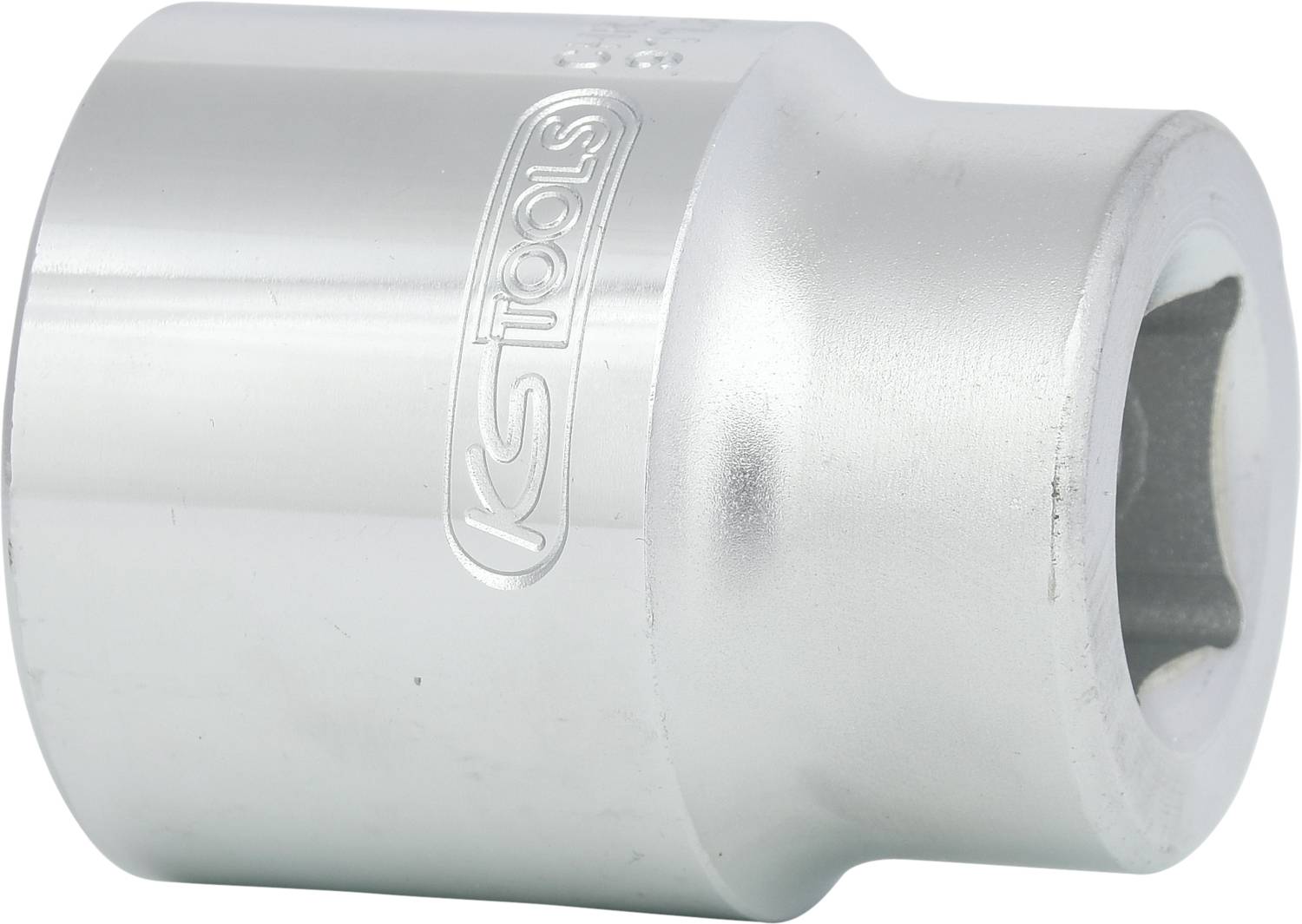A silver socket with the 'KS Tools' imprint, cylindrical in shape, a tool for mechanical work.