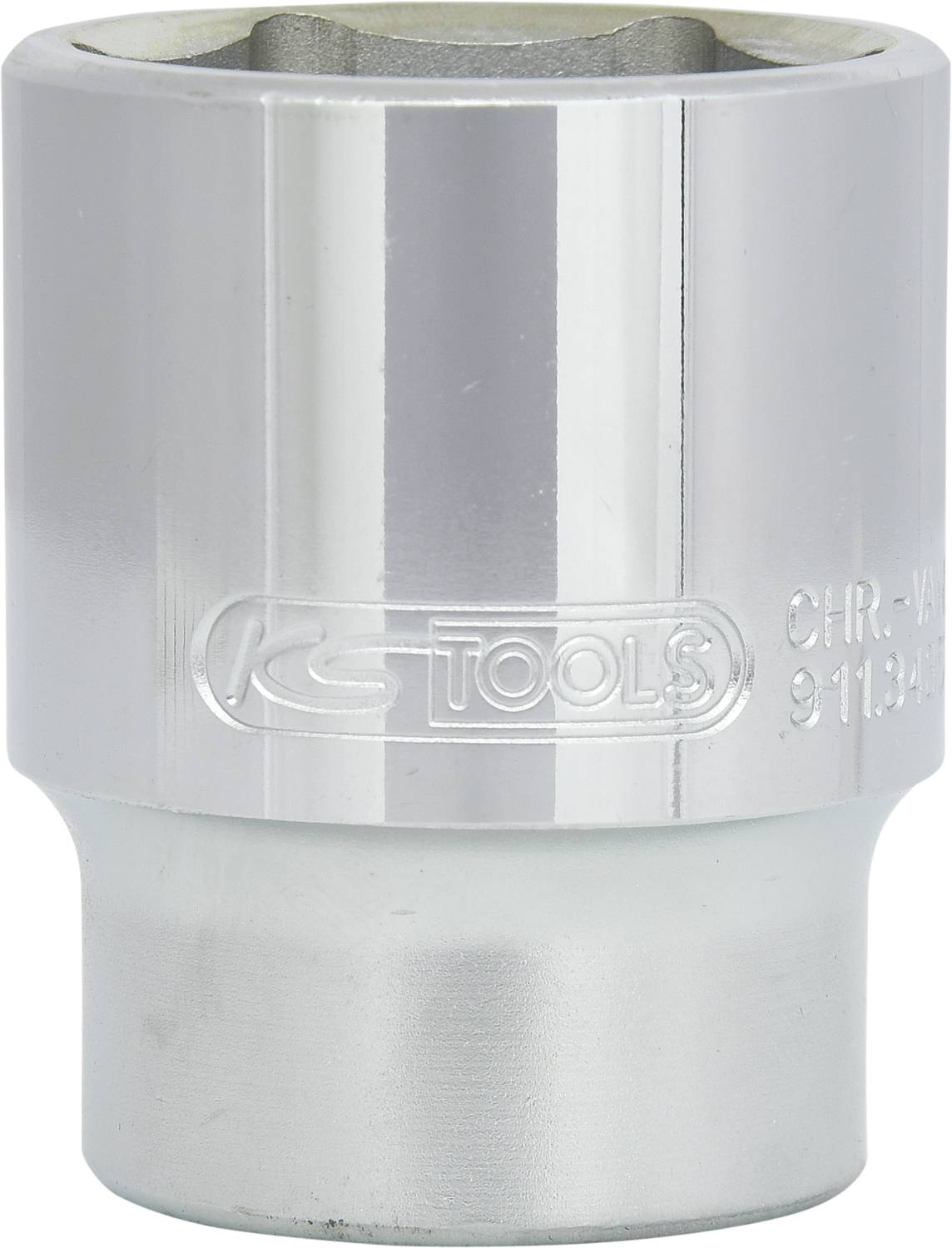 A silver six-point socket from KS Tools, size 32 mm, made of chrome vanadium steel, for loosening screws and nuts.