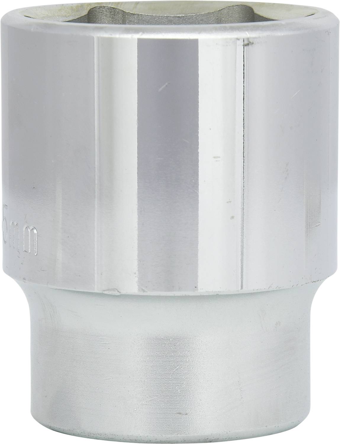 Metal socket insert, cylindrical, with hexagonal opening. Used for screwing and assembly work.