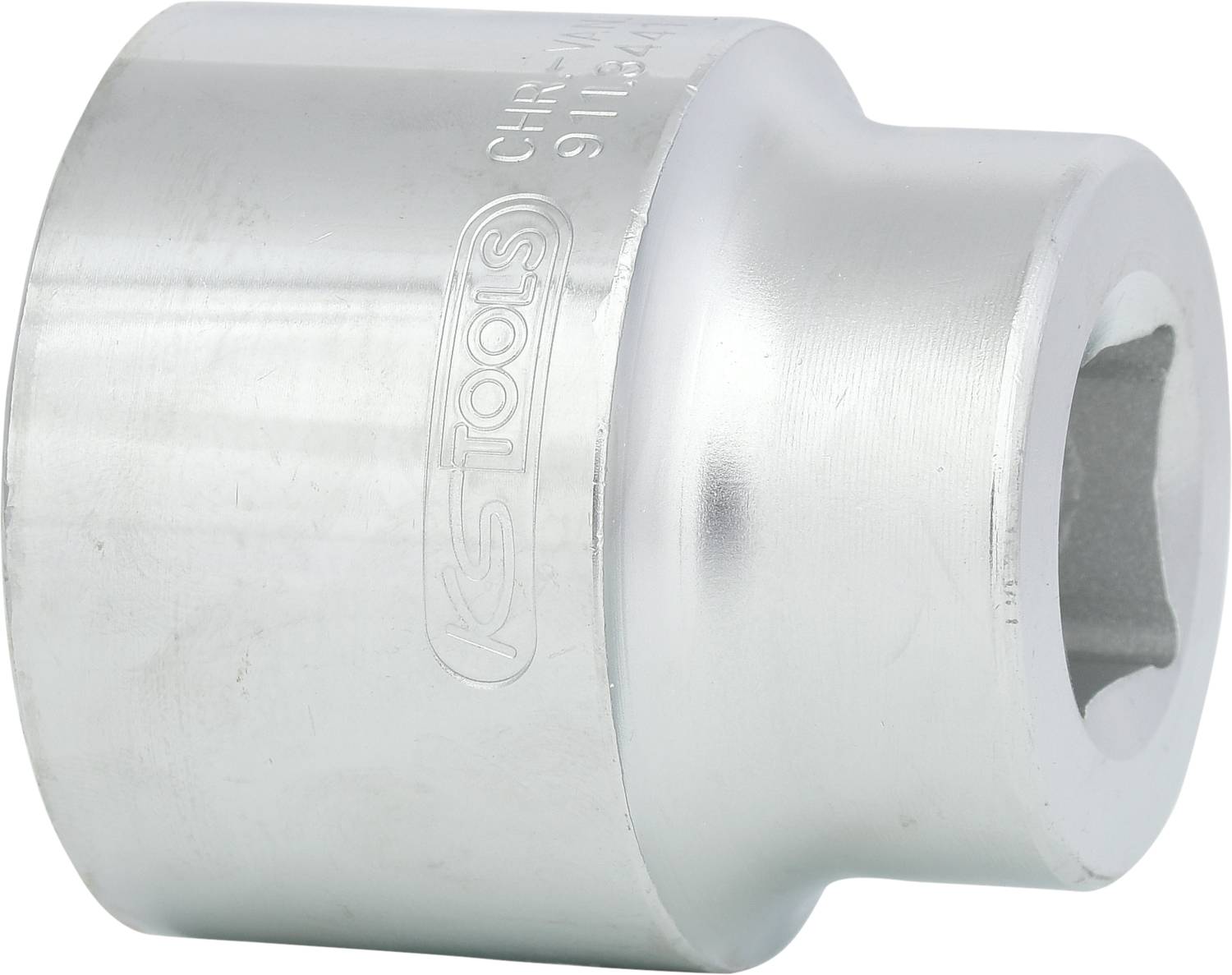 Silver metal nut with a round shape and hexagonal opening, shiny surface, with light signs of use visible.