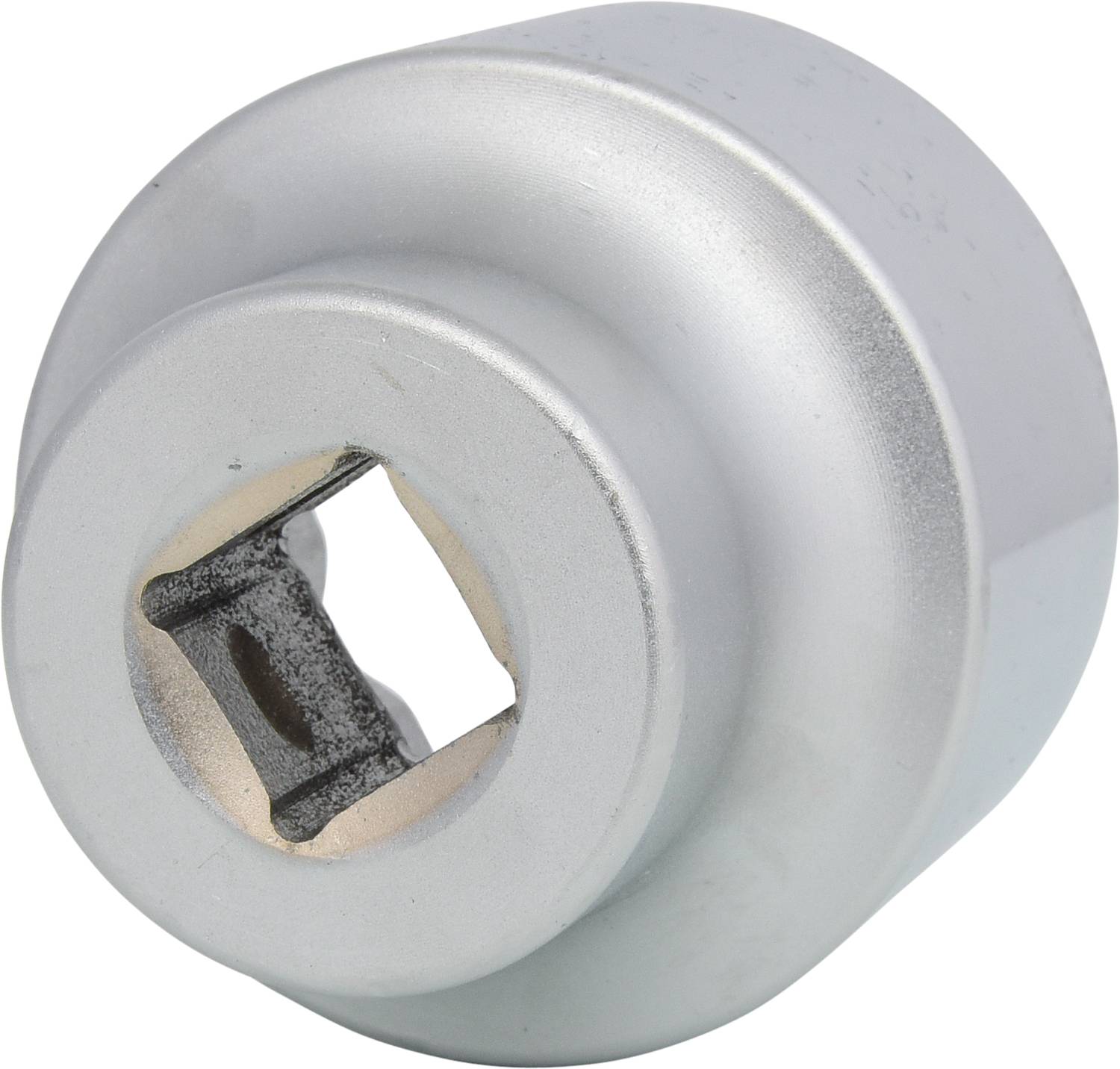 A silver oil filter tool with a square opening for attachment to a spanner, suitable for vehicle maintenance.