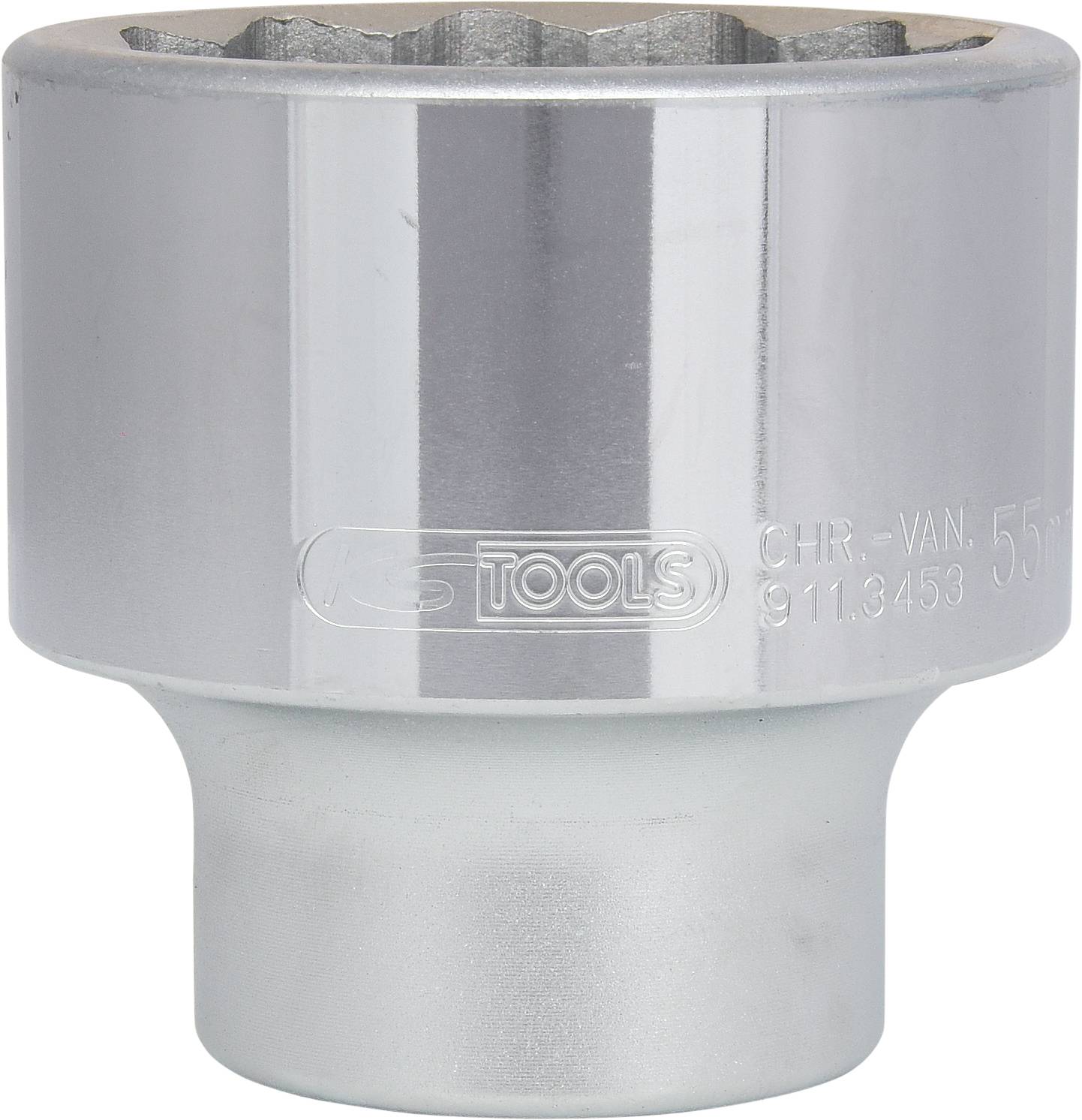 Silver chrome vanadium steel hex nut with embossed size marking and brand.