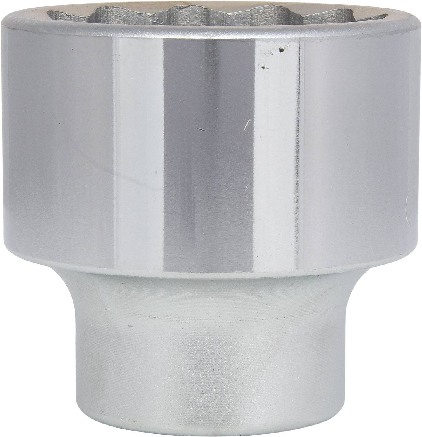 Metal screw head, silver-bright, cylindrical shape, with serrated edge on top.