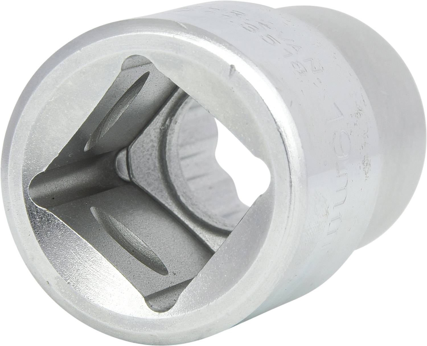 Metal adapter with multiple slots and a square cavity, likely a component of machinery or vehicle engineering.