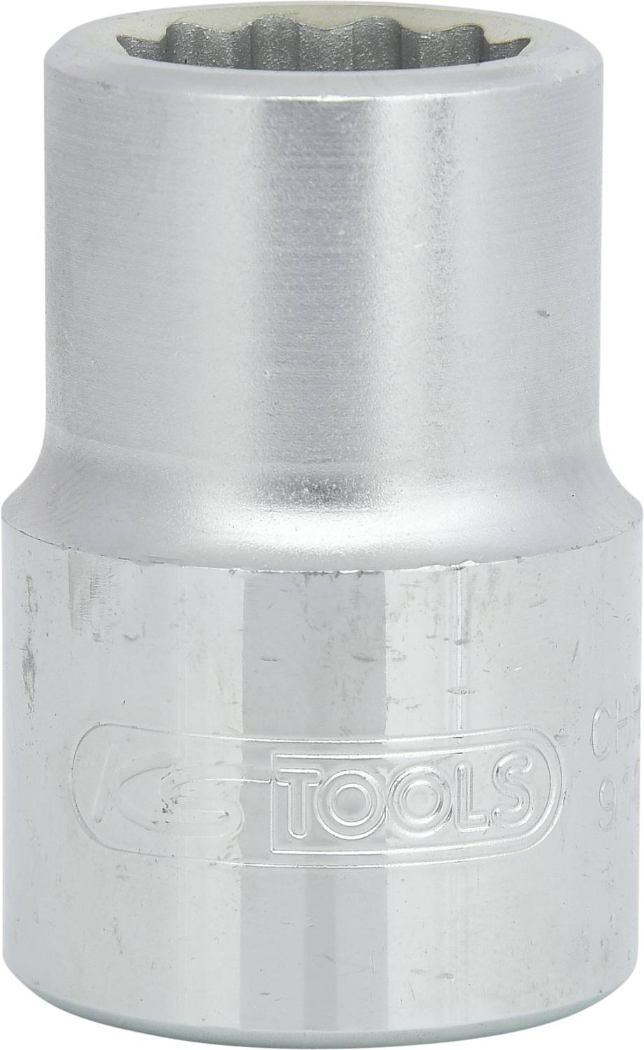 Hexagonal metal socket with embossed 'KS TOOLS' logo, silver-coloured, used for motor vehicle maintenance work.