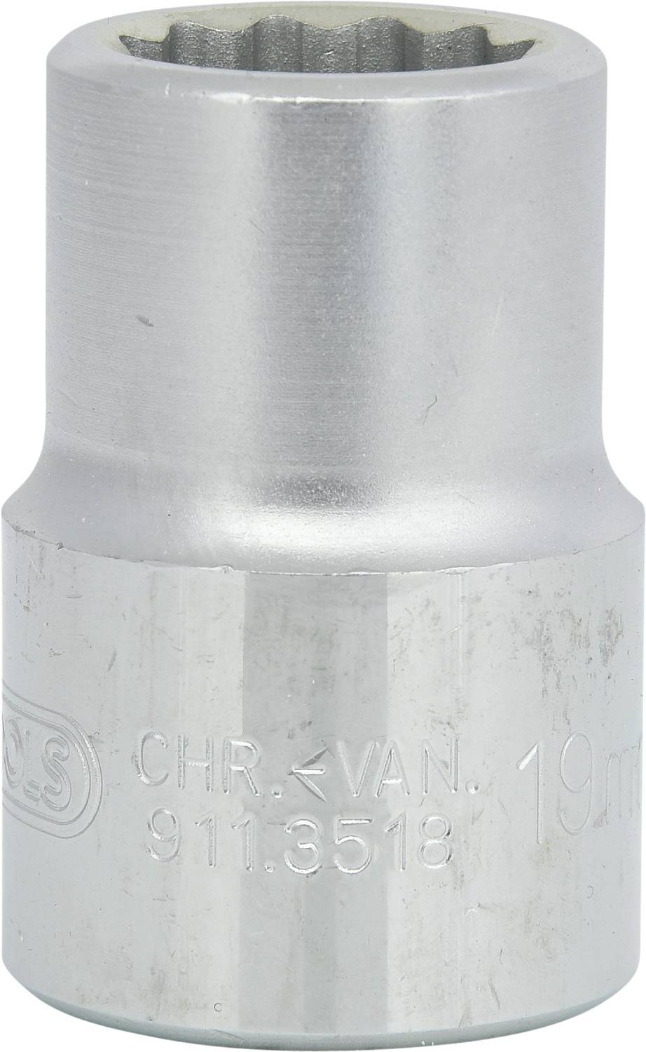 A silver socket wrench with a twelve-sided profile and an engraving 'CHR. VAN. 19 mm 911.3518' on the side.