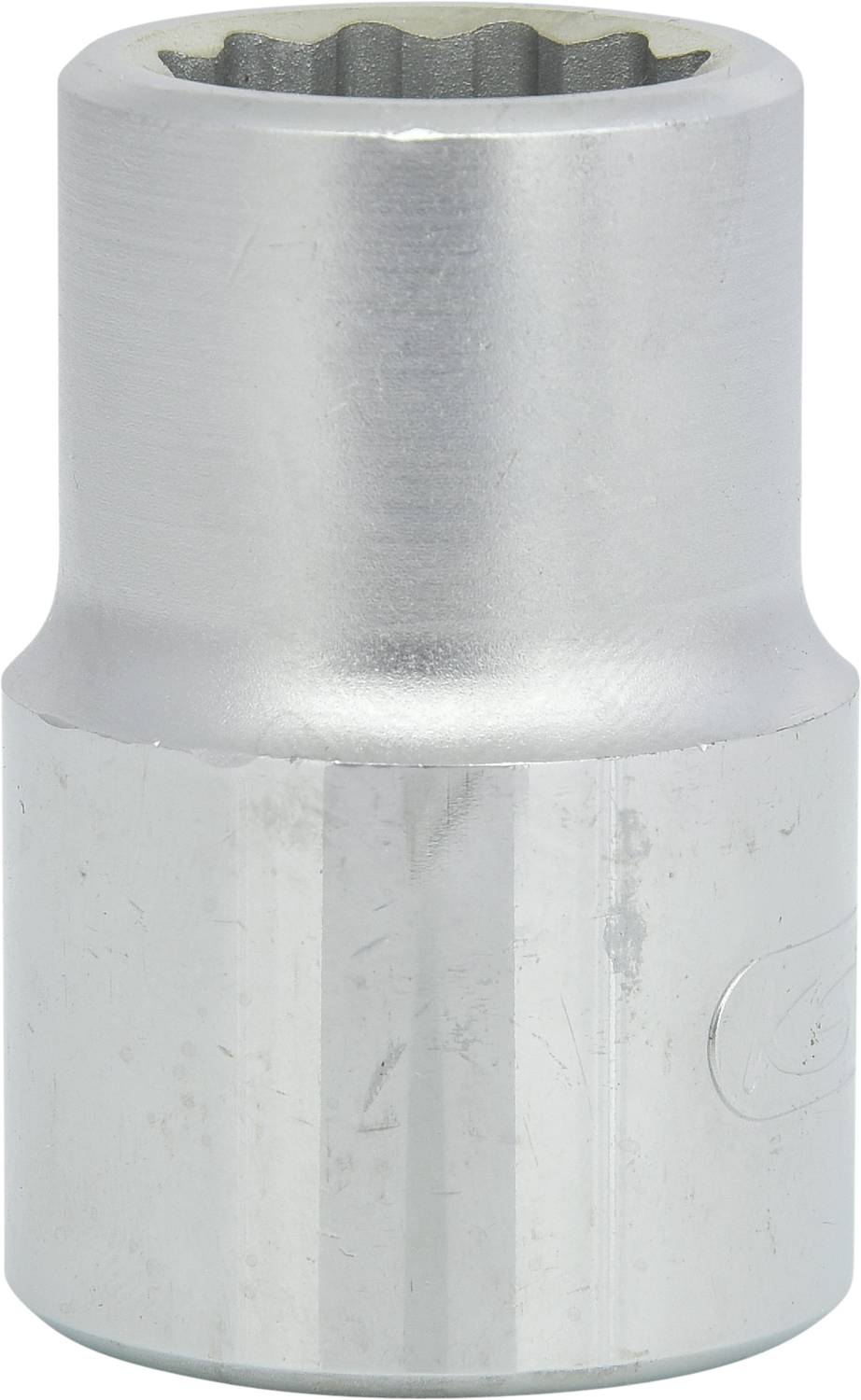 A silver hexagonal metal socket, likely a tool attachment, stands upright against a white background.