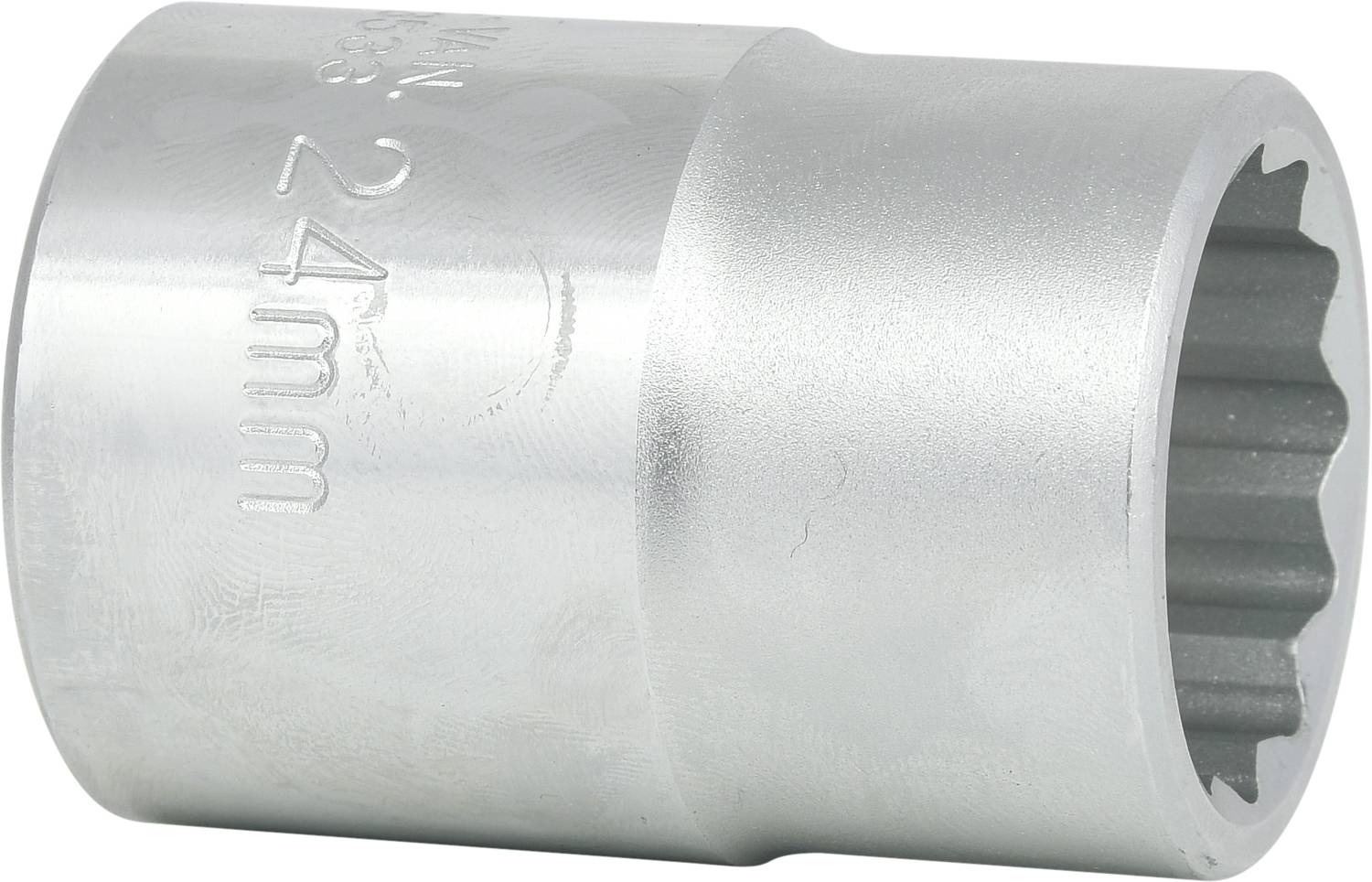 Metal socket drive with '24 mm' imprinting, used for screw work with matching screw size.