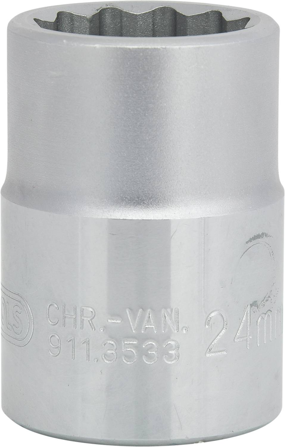 Metal socket extension, cylindrical, with engraved marking 'CHR-VAN. 24mm 911.8533'. Primarily used for mechanical work.