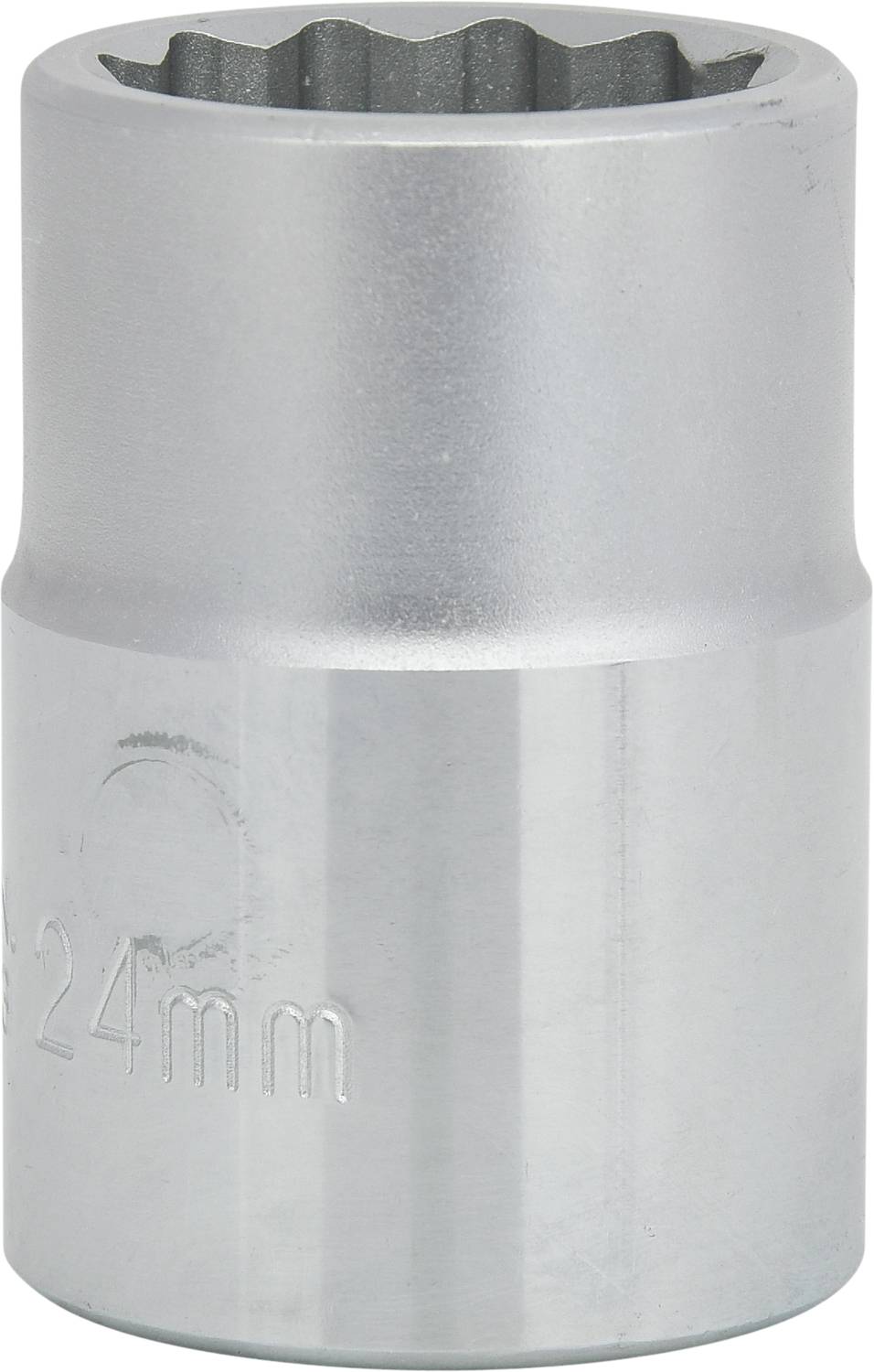 A silver knurled nut with an embossed inscription '24 mm'. It has a knurled inner surface for better grip on screws.