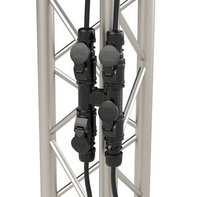 A truss-like steel frame carries cables that are secured with black connectors.