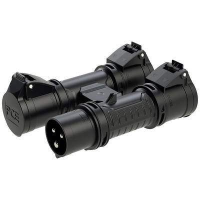 Black electric multi-socket adaptor with three outlets and robust design, suitable for industrial applications.
