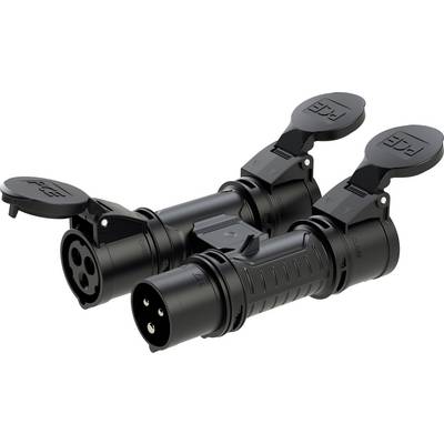 A black electric adapter with multiple round sockets and protective covers that are closed. Suitable for outdoor connections.