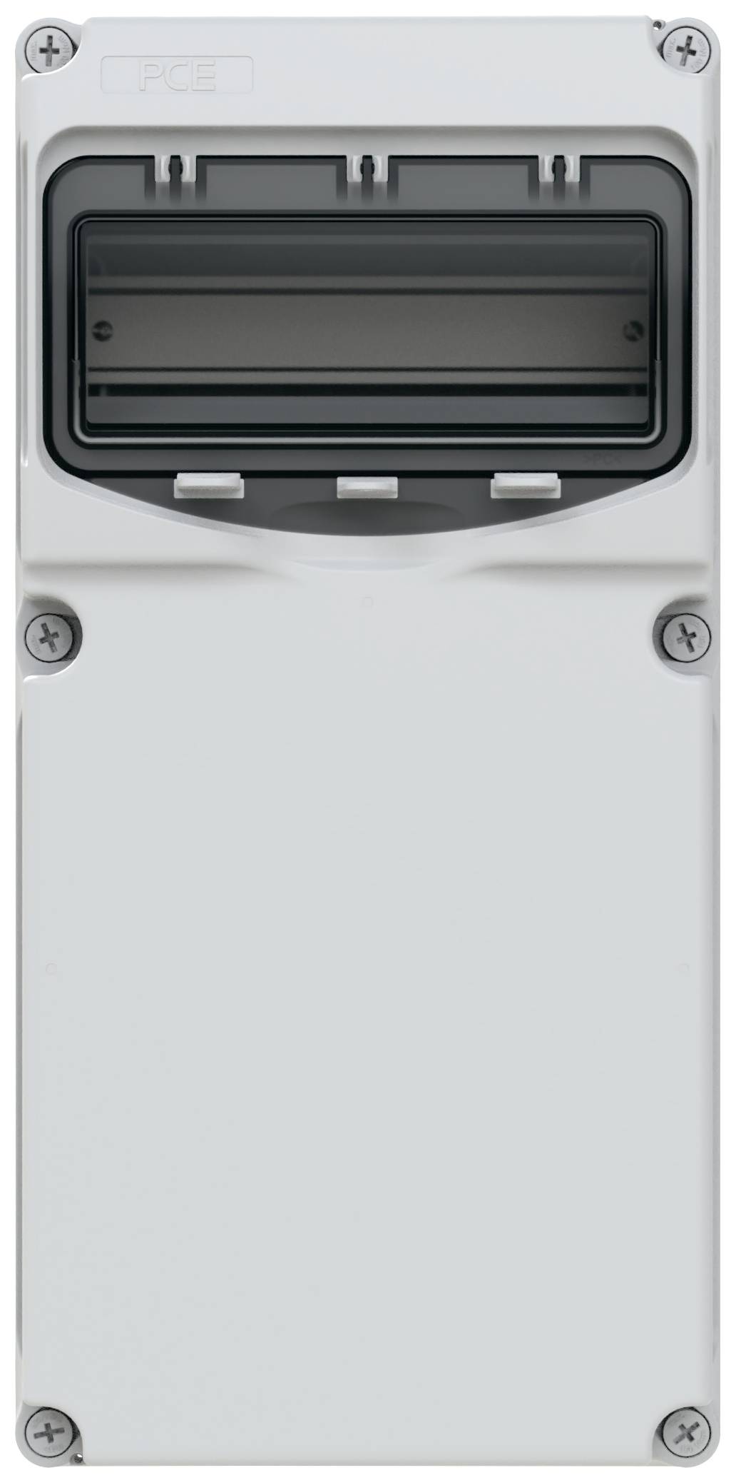 'White casing with a rectangular black slot at the top, secured with four screws; intended for electrical or technical equipment.'