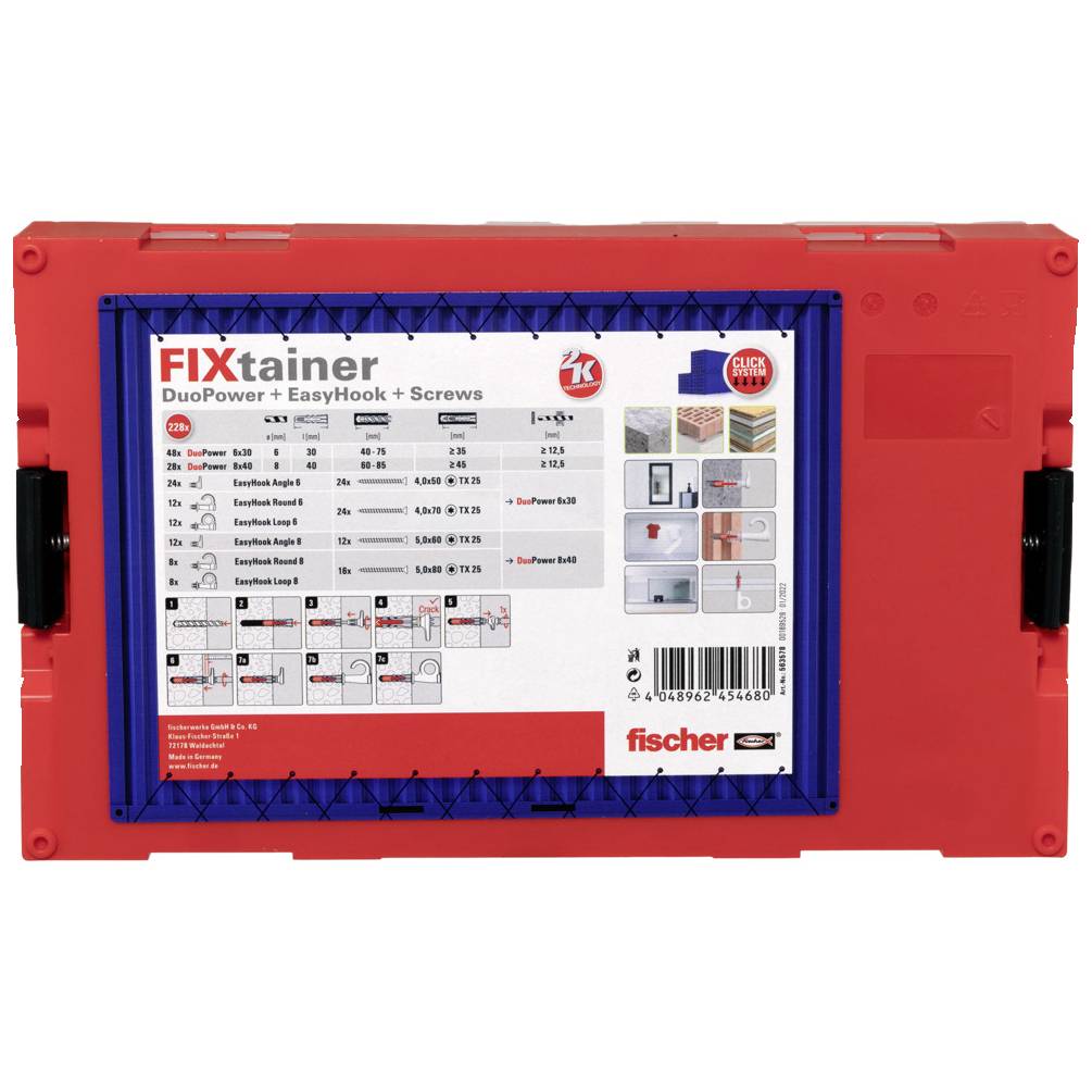 Red plastic tool case 'FIXtainer' with printing 'DuoPower + EasyHook + Screws', showing contents: various wall plugs and screws.
