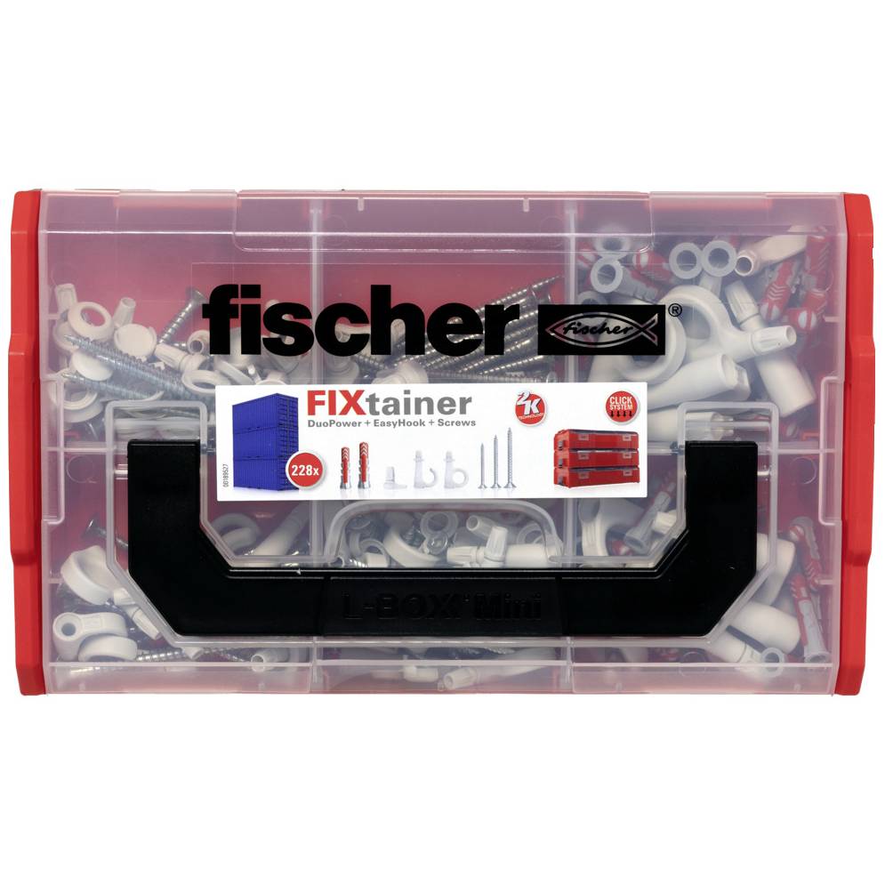 'Plastic box with Fischer fixing elements. Contains wall plugs, screws and accessories. Label: FLEXtainer, DuoPower, EasyHook.'
